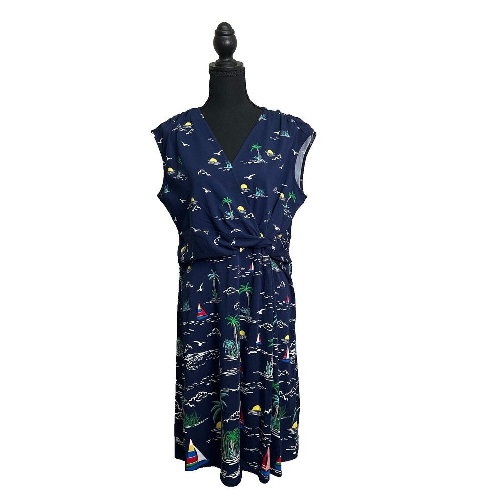 Lands' End A-line Dress Womens Size XL Blue Sailboat Print Sleeveless V-Neck
